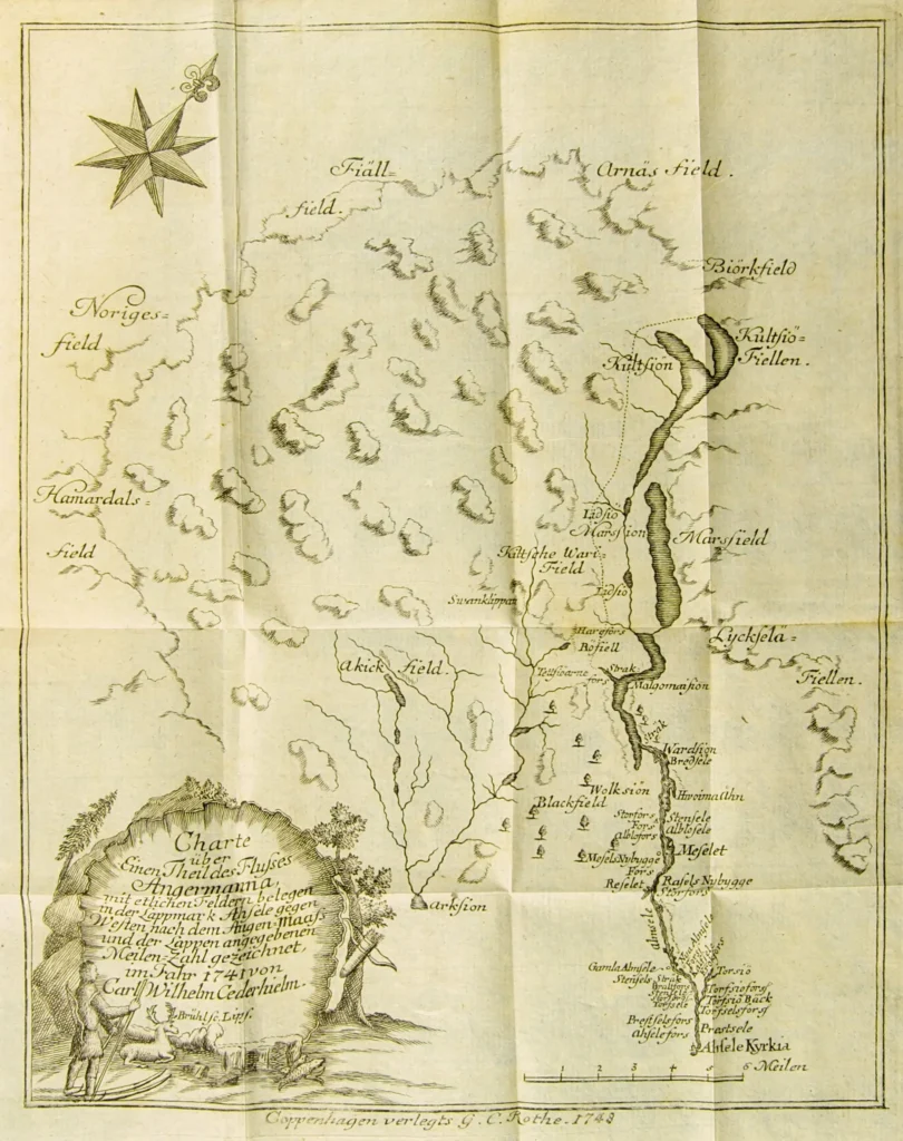 Carl Wilhelm Cederhielms karta över Åsele lappmark och delar av Ångermanälven, ritad efter ögonmått år 1741, baserat på observationer och information från samiska lokalbefolkningen. Kartan publicerades i Pehr Högströms tyska översättning 1748. Längst ner till vänster finns en skidåkare med två stavar.