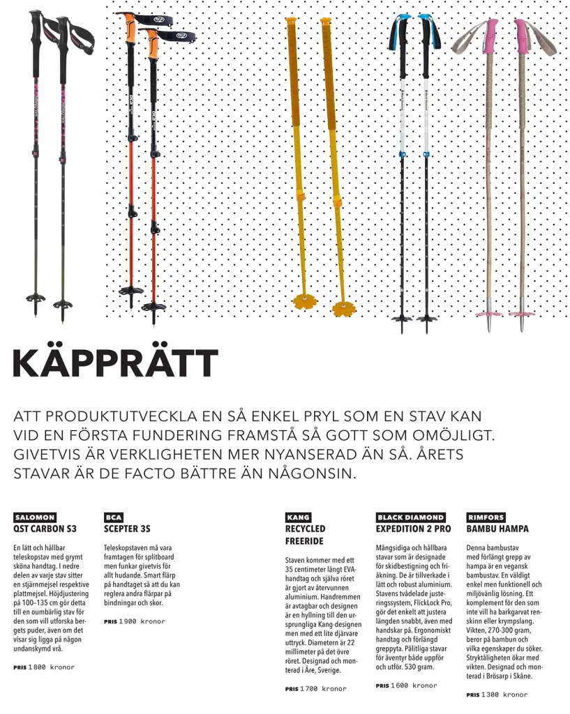 Åka Skidors prylguide för skidstavar, med Rimfors, Kang, BCA, Salomon och Black Diamond. Där samtliga utom Rimfors är teleskopstavar.