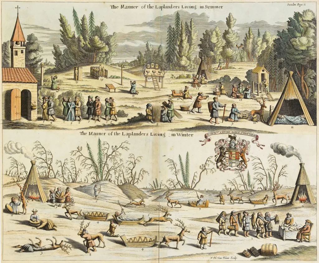 Scener från samernas liv och seder under sommar och vinter, avbildade av F. H. van Houe på en 445 x 540 mm handkolorerad graverad plansch för Moses Pitts The English Atlas, publicerad 1680. En skidåkare med två stavar och renar som drar samiska ackjor. Även kåtor med eldstäder i. Antony Earl of Shaftsburys vapensköld är centrerad på vänster sida.