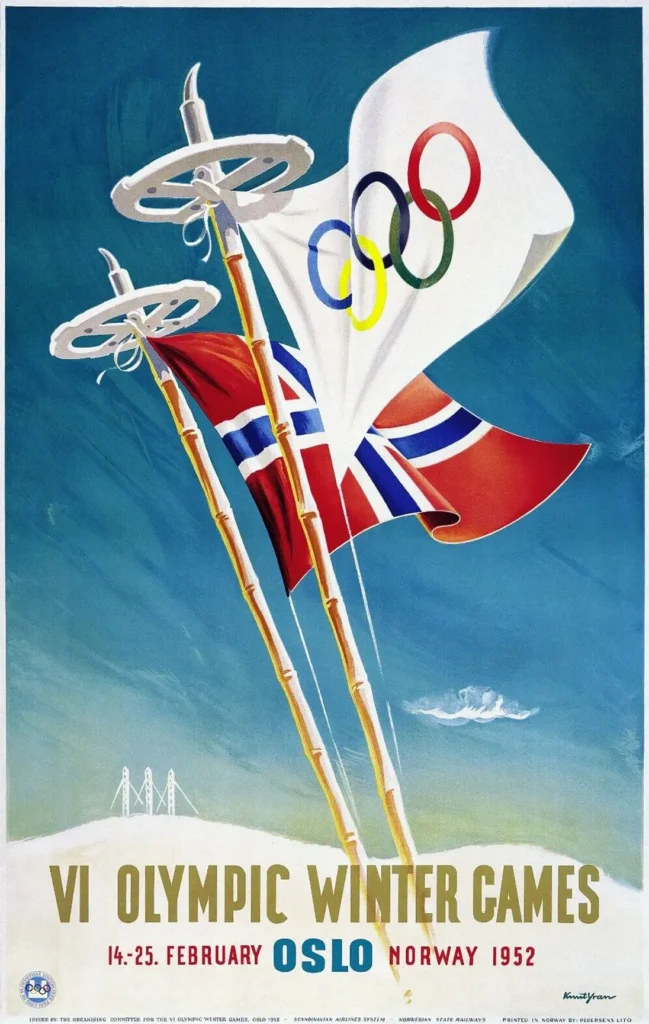 Officiella affischen för OS i Oslo 1952. Två bambustavar, en med olympiska flaggan och en med norska flaggan, knutna i trugorna på stavarna.