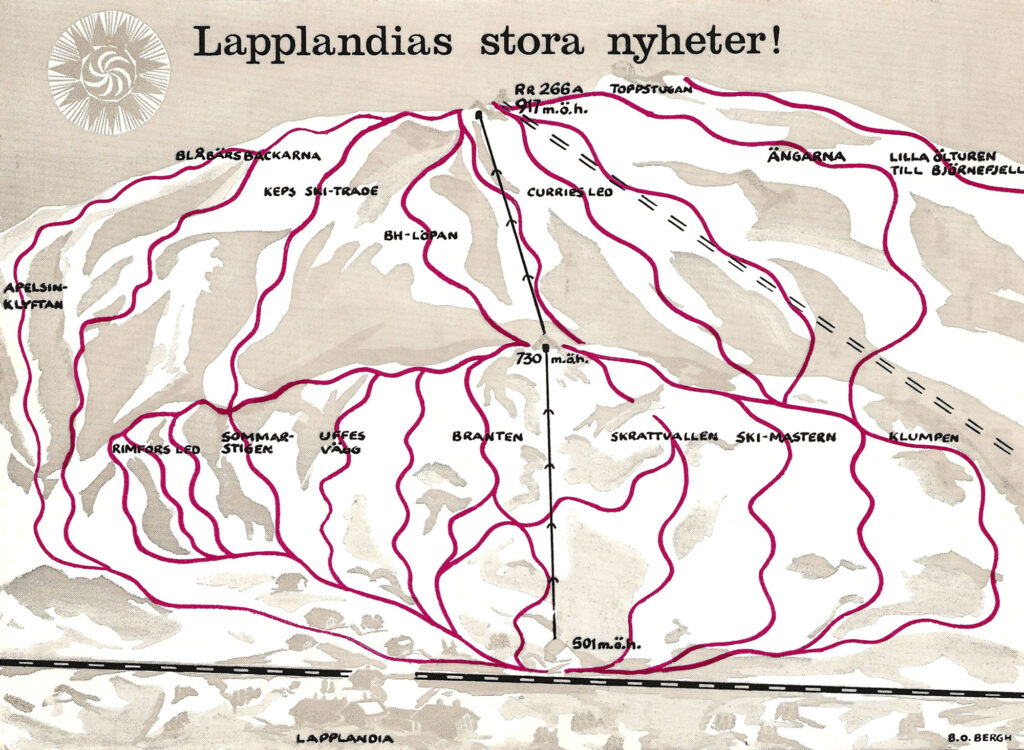 Riksgränsen’s first trail map was printed as a postcard in 1967 to promote the opening of the 1968 season, when the upper chairlift was ready for the premiere.