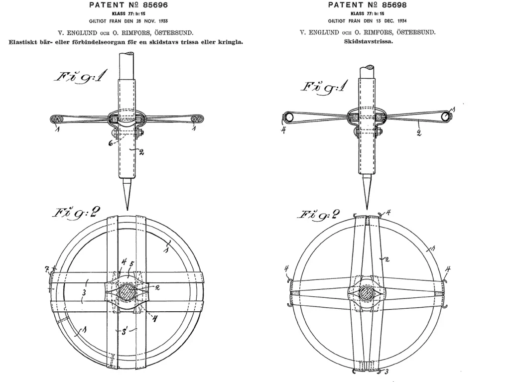 Olle Rimfors och Verner Englunds patent på hur man kan montera skidstavstrissa (trugor) på skidstavar.