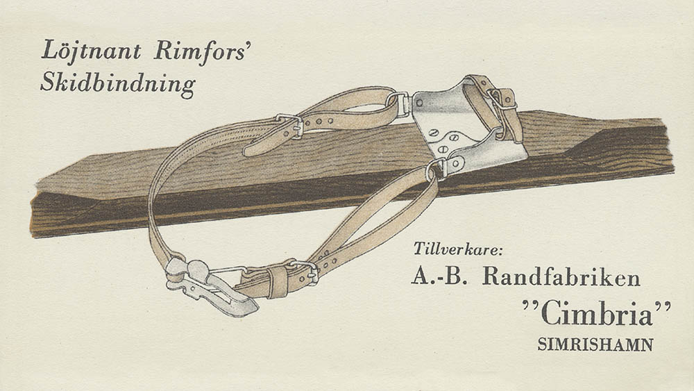 Ski pioneer Olle Rimfors’ ski binding with heel tightener, first called “Lieutenant Rimfors’ ski binding” and then “Captain Rimfors’ ski bindings”. Launched and manufactured by AB Randfabriken Cimbria in Simrishamn in 1922. Note that this is a right-hand ski because the upper buckle of the heel strap locks on the inside, so that the bindings do not get stuck in each other if the skis come close together.