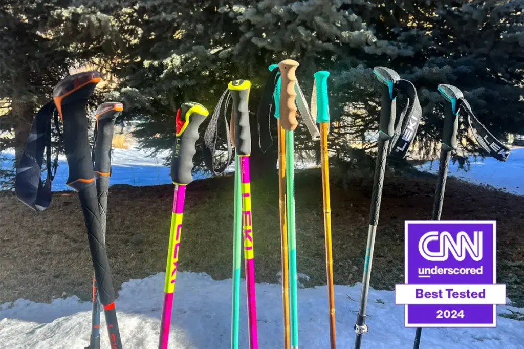 The ski poles tested by CNN Underscored in front of pine trees.