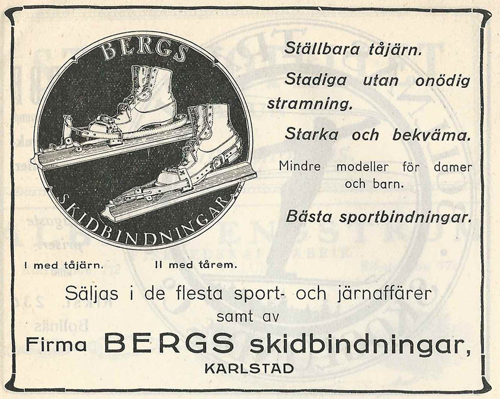 Reklam för Bergs skidbindningar i Skidfrämjandets årsbok På skidor 1921. Notera att det alltså fanns stramare framtill redan vid denna tid, både med tåjärn och tårem.