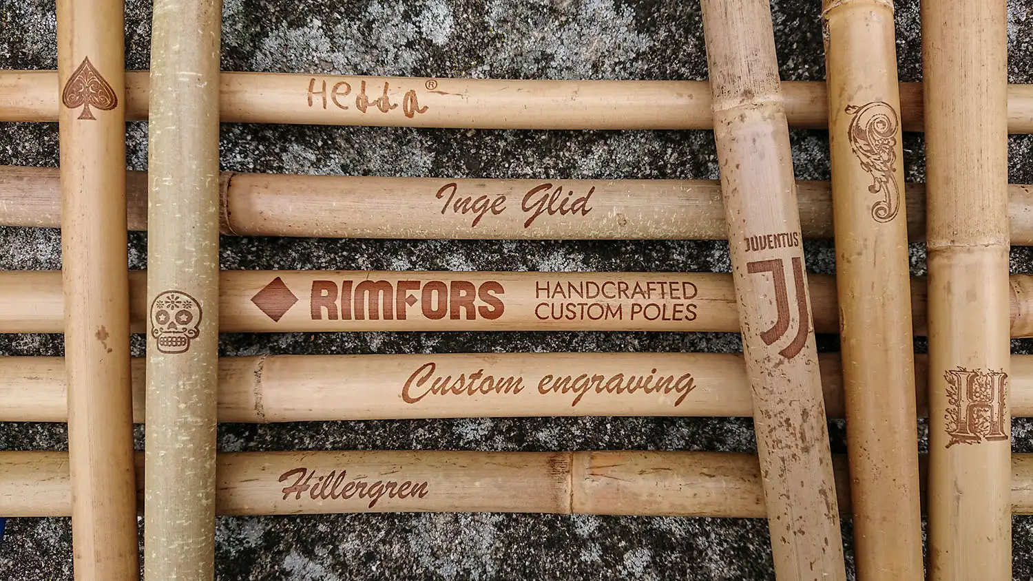 Bamboo ski poles with personalized custom engraving.