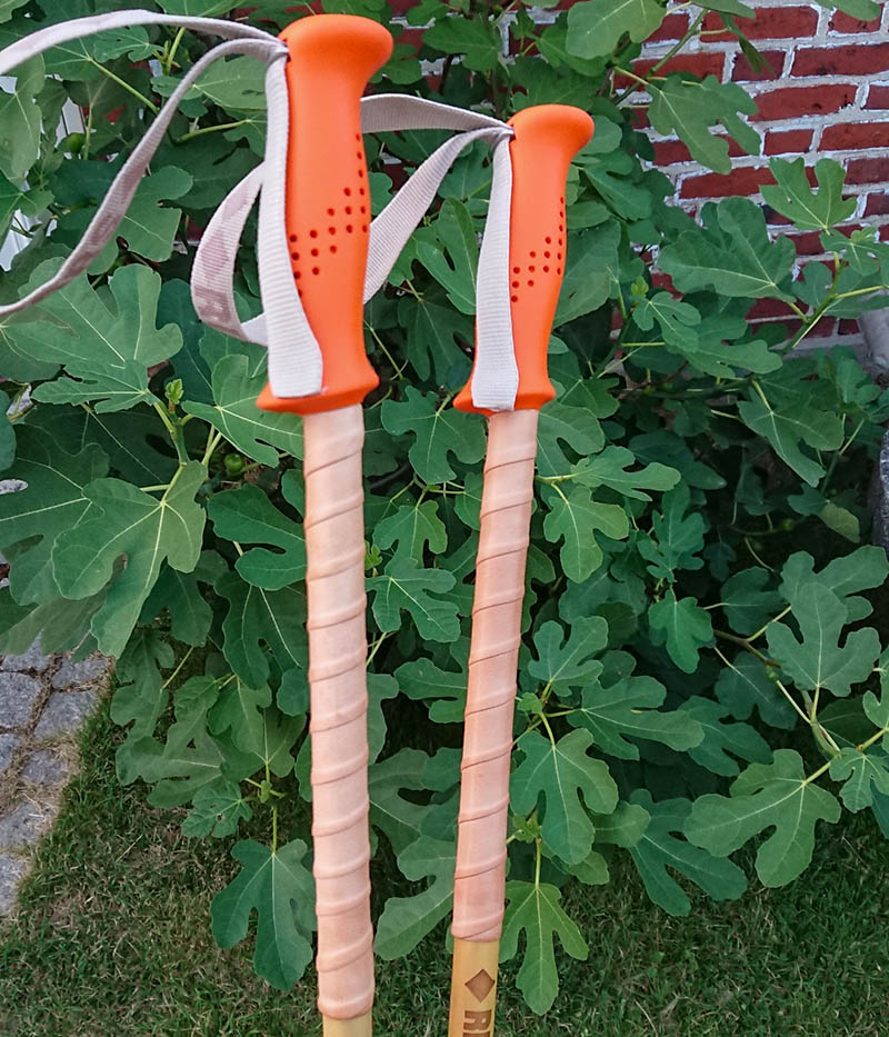 Ski poles of Calcutta bamboo and with grip extension of bark tanned reindeer hide.