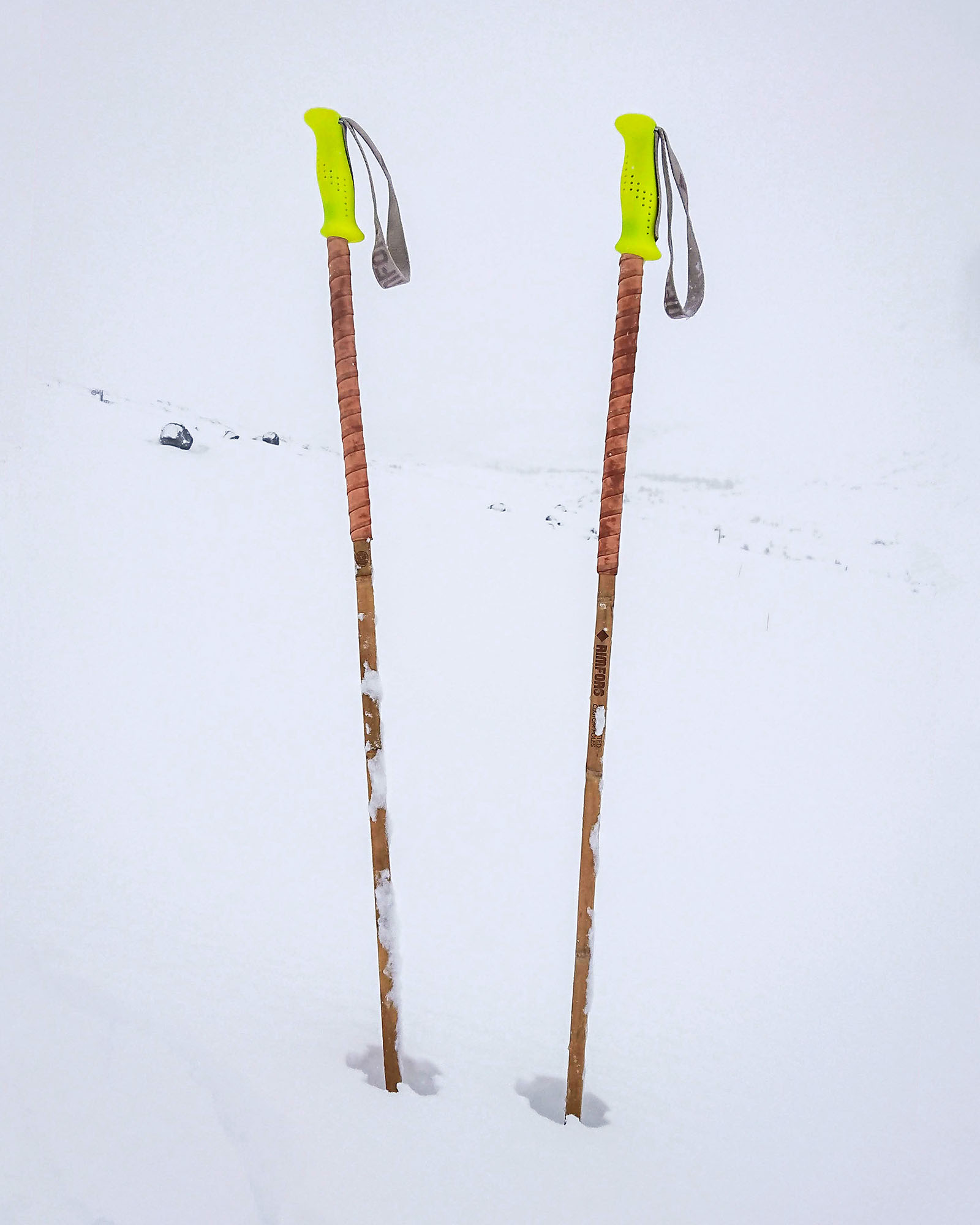 Rimfors's fluorescent yellow bamboo ski poles.