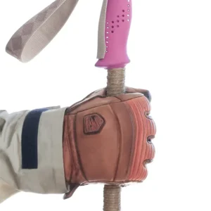 Hand with brown leather glove holds a ski pole with pink grip and extended grip f wound hemp twine.