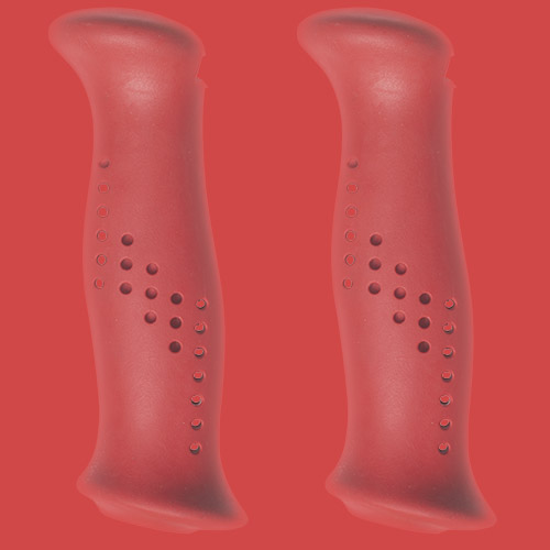 Röda handtag av gummiliknande elastomer, från Tehnomat.