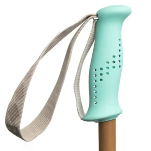 Turquoise ski pole grip with adjustable pole strap.