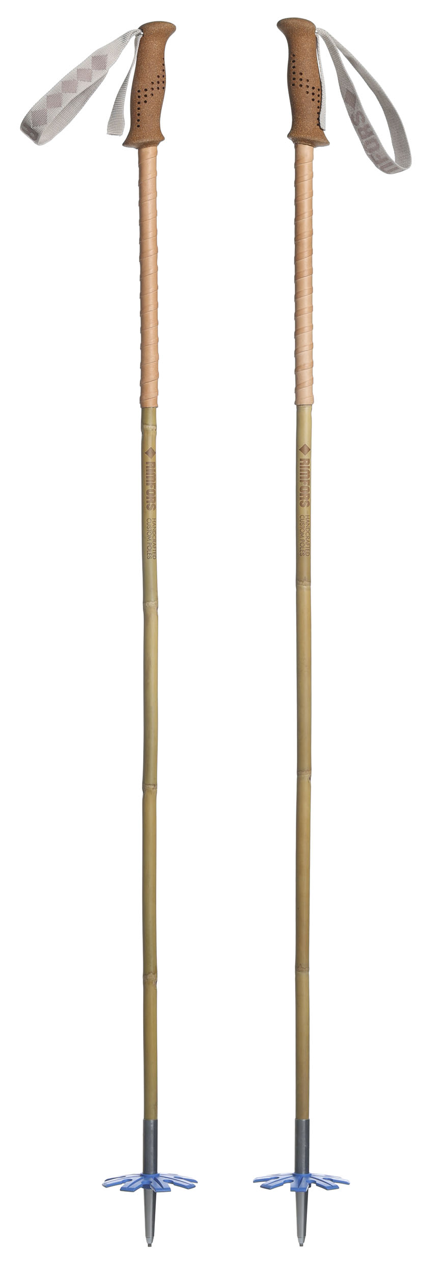 Bamboo ski poles with cork grips and blue 100 mm powder baskets + extended grip of reindeer leather.