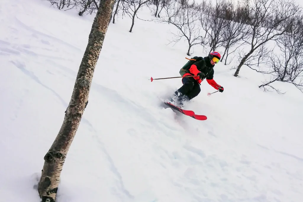 Leo Rimfors skiing off-piste powder with his new bamboo poles in the Furset forest in Stranda, Norway.