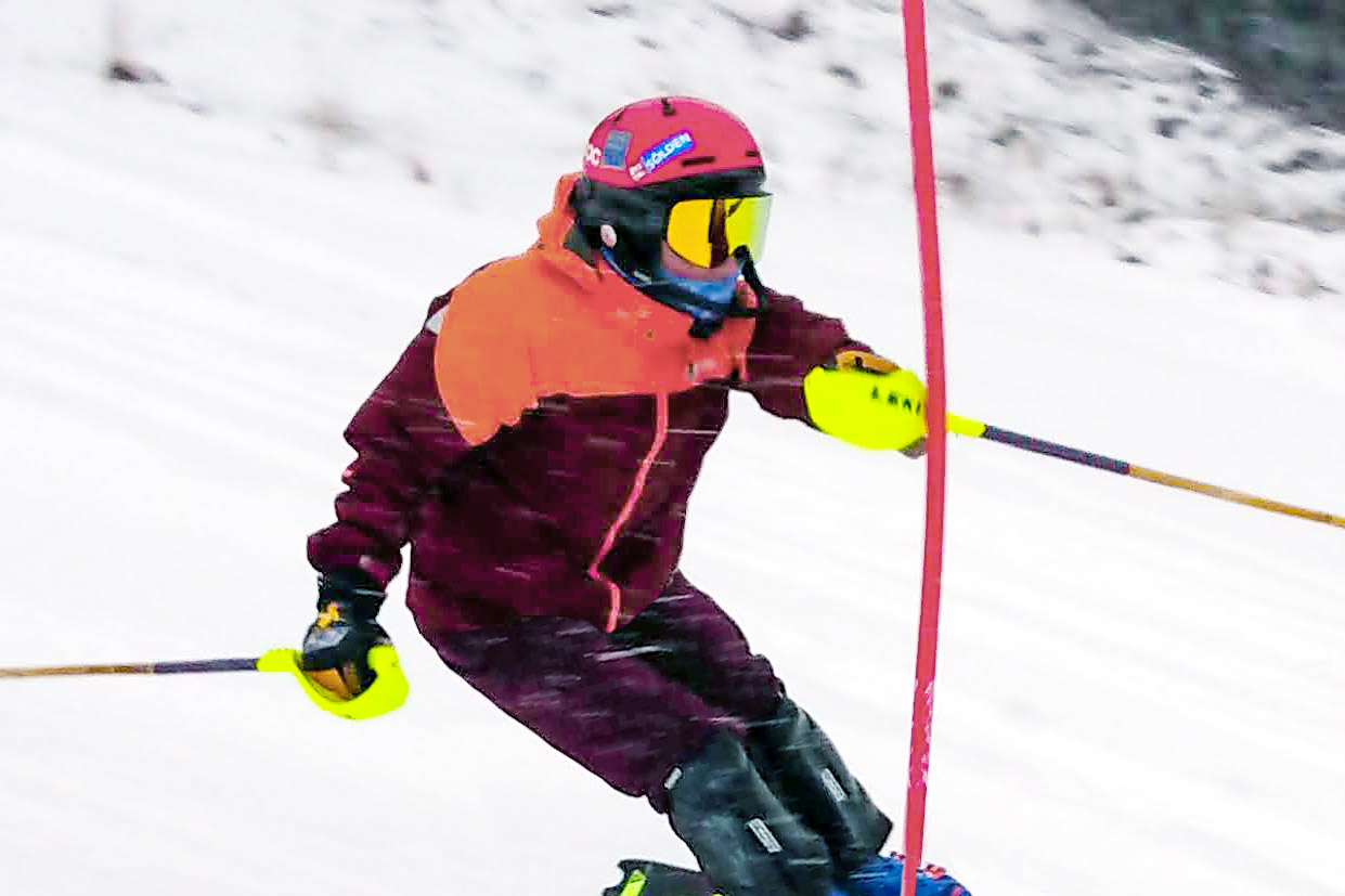 Slalom skier Leo Rimfors train with SL poles made of Calcutta bamboo with punch guards/pole protectors.