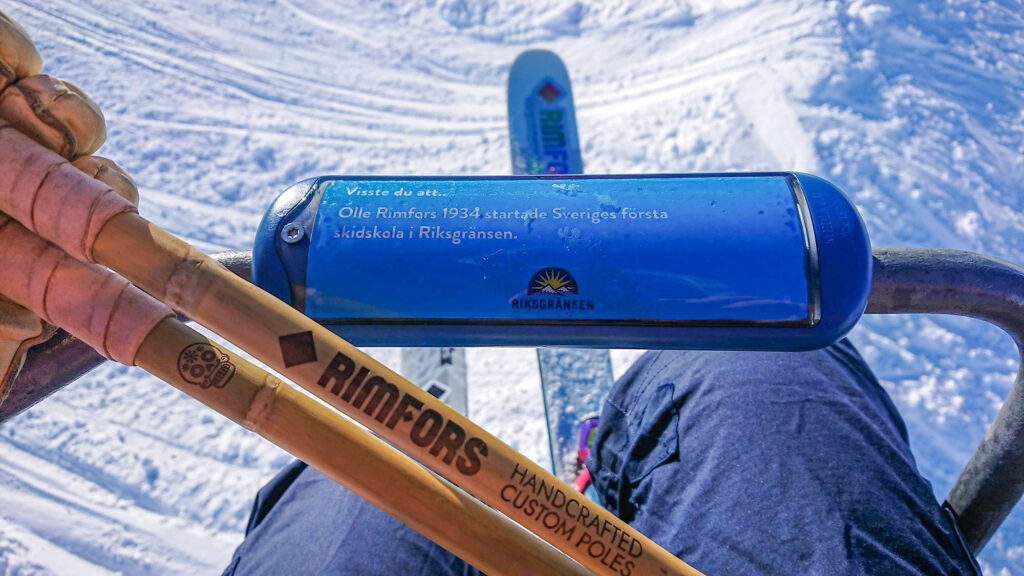 “Did you know ... that Olle Rimfors in 1934 started Sweden's first ski school in Riksgränsen?” it says on the ad on the lower chairlift in Riksgränsen.