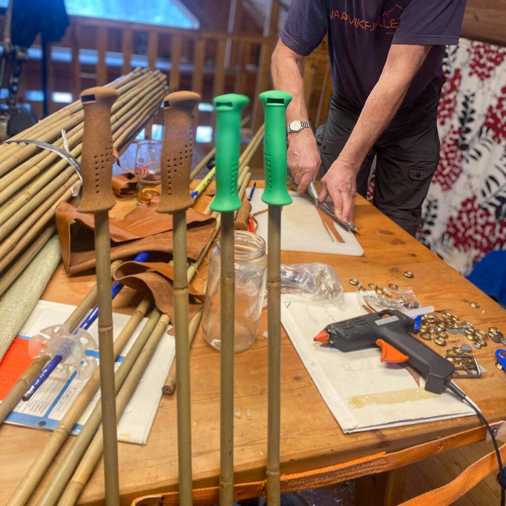 Pancho Snöfall cuts out the pole straps from leather for the very first pairs of the Borga bamboo ski poles.