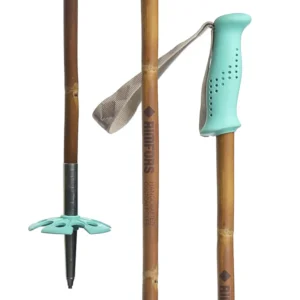 Bamboo ski pole with turquoise grip and 90 mm basket.