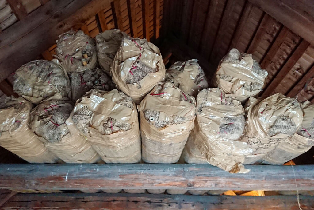 Rimfors Calcutta bamboo stock, where the gunny bags with Calcutta bamboo are stored, above the ski pole workshop.