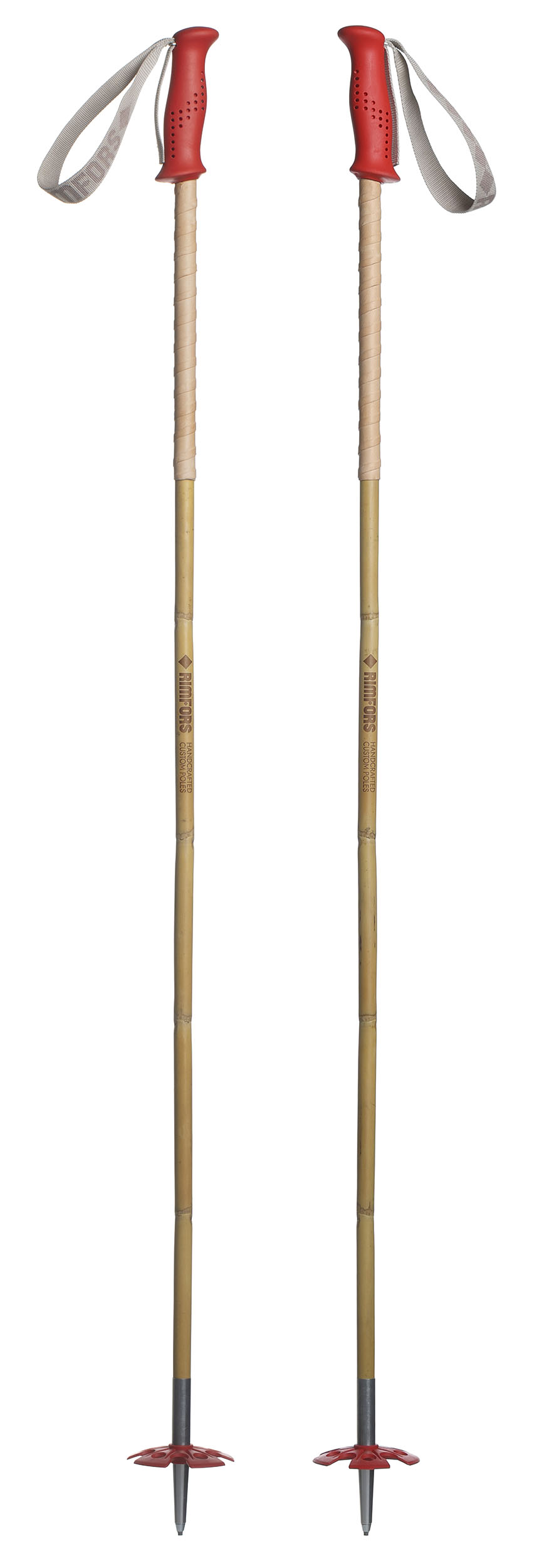 Bamboo ski poles with red grips and 100 mm baskets + extended grip of reindeer leather.