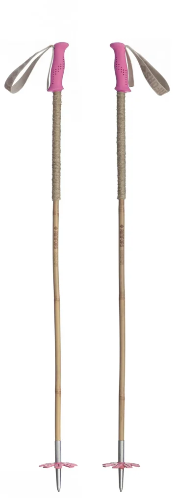 Bamboo ski poles with pink grips and 100 mm baskets + grip extensions of hemp.