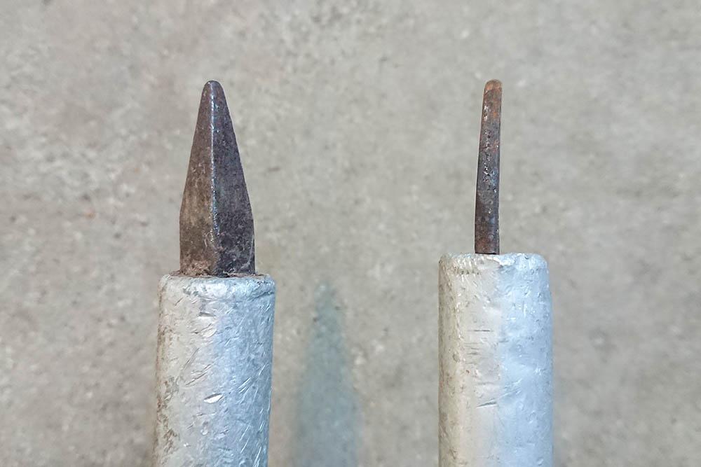 From left: “three-dimensional” screw-on ski tip and flat ski tip that taps in.