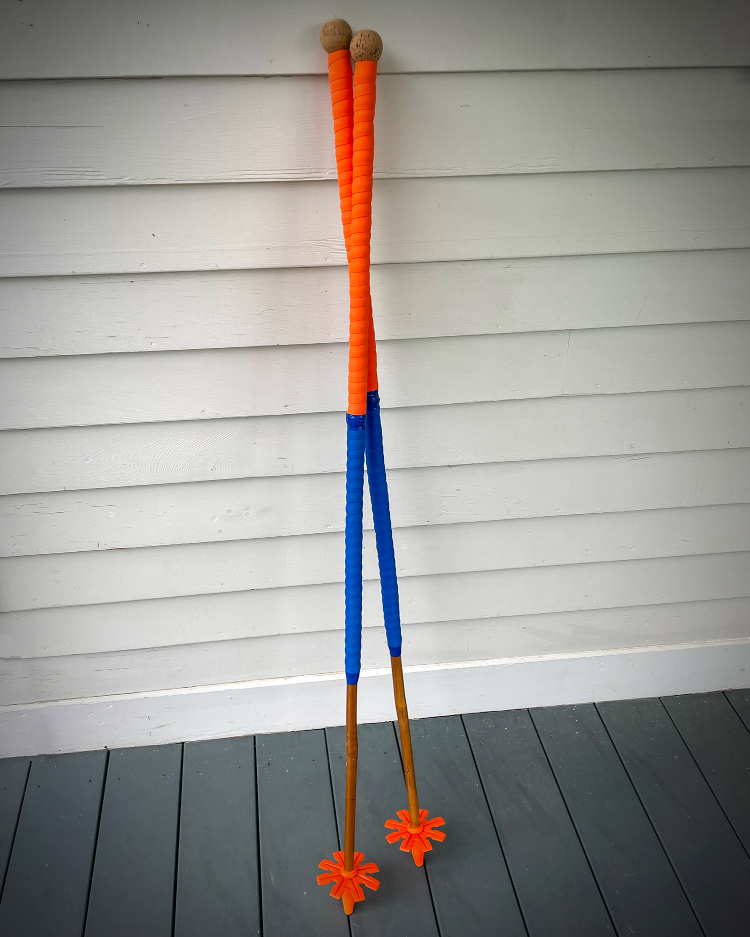 Jacon Mayer’s homemade ski touring poles, reusing the bamboo and tips from old cross-country poles.