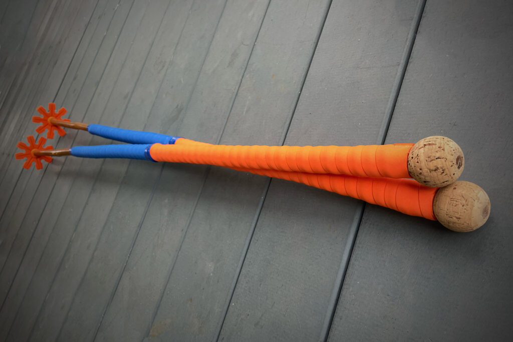 Jacon Mayer’s homemade ski touring poles, reusing the bamboo and tips from old cross-country poles.