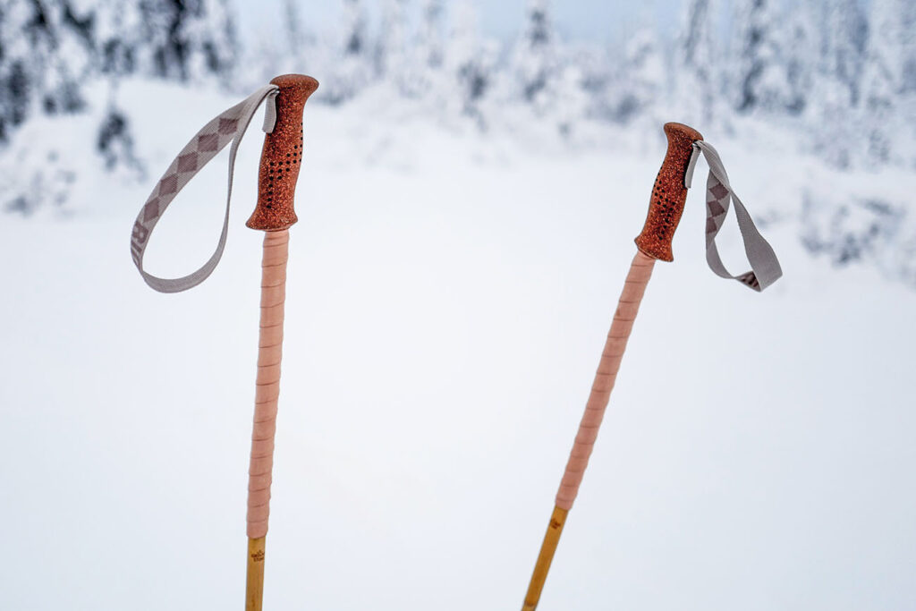 Bamboo ski poles with grip extensions of bark tanned reindeer leather.