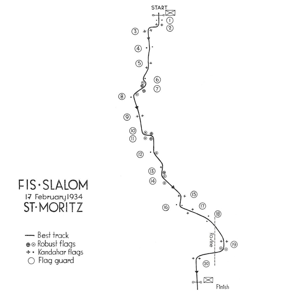 The mens' slalom race course at the FIS Alpine Ski World Championship in St Moritz 1934. Most gates consisted of the hinged Kandahar flags.